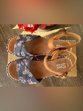 TOMS Navy Embroidered Espadrille Wedges with Tan Straps